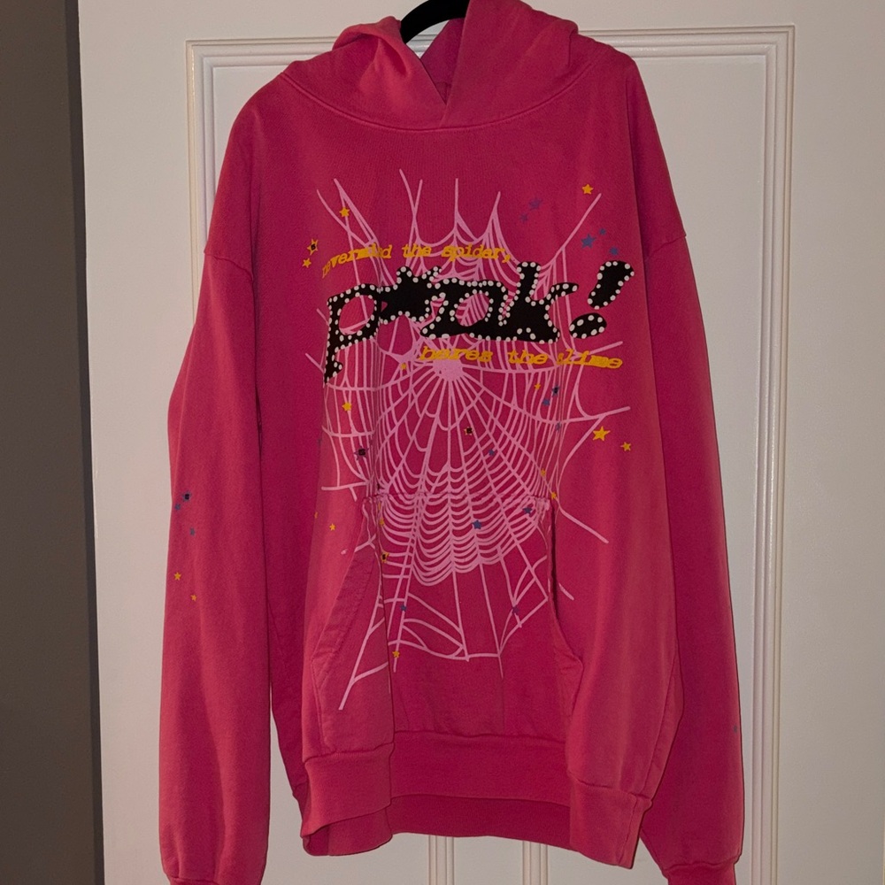 Sp5der Pink Graphic Hooded Long Sleeve Tee